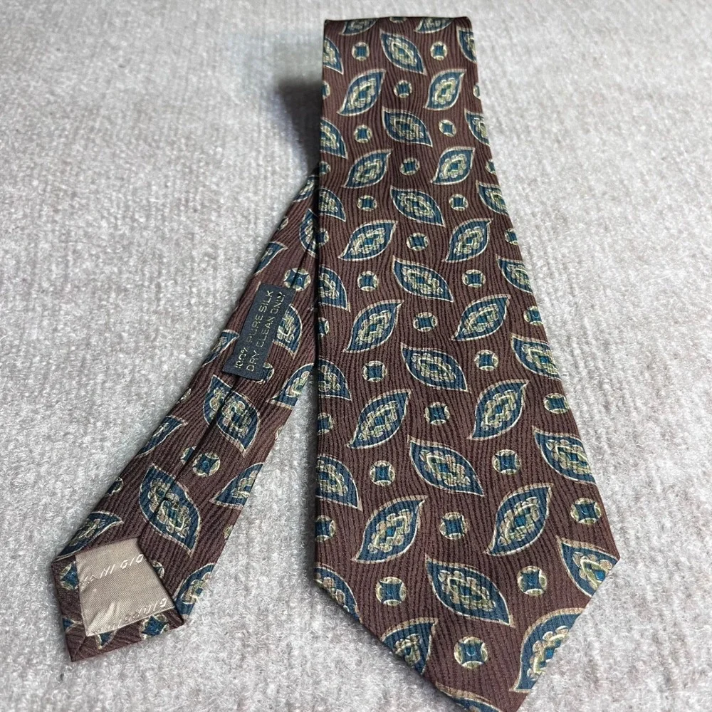 Vintage Giorgio Armani Tie Mens OS Brown Silk Medallion Geometric Designer